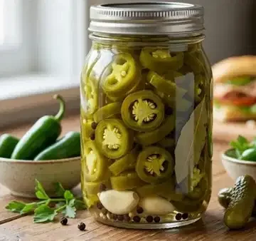 Cam kavanozda dilimlenmiş jalapeño biberi, sarımsak ve kişniş tohumu
