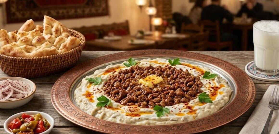 Ali Nazik Kebabı, servis tabağında kıymalı harç ve patlıcan-yogurt tabanıyla. Sarımsaklı yoğurtlu patlıcan tabanının üzerine servis edilen tereyağlı kıymalı Ali Nazik Kebabı