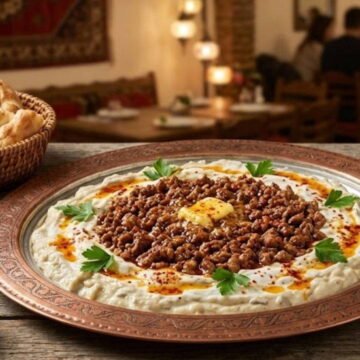 Sarımsaklı yoğurtlu patlıcan tabanının üzerine servis edilen tereyağlı kıymalı Ali Nazik Kebabı
