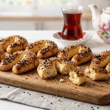 Tepsiye dizilmiş çörek otlu, çatal şeklinde mahlepli kurabiyeler